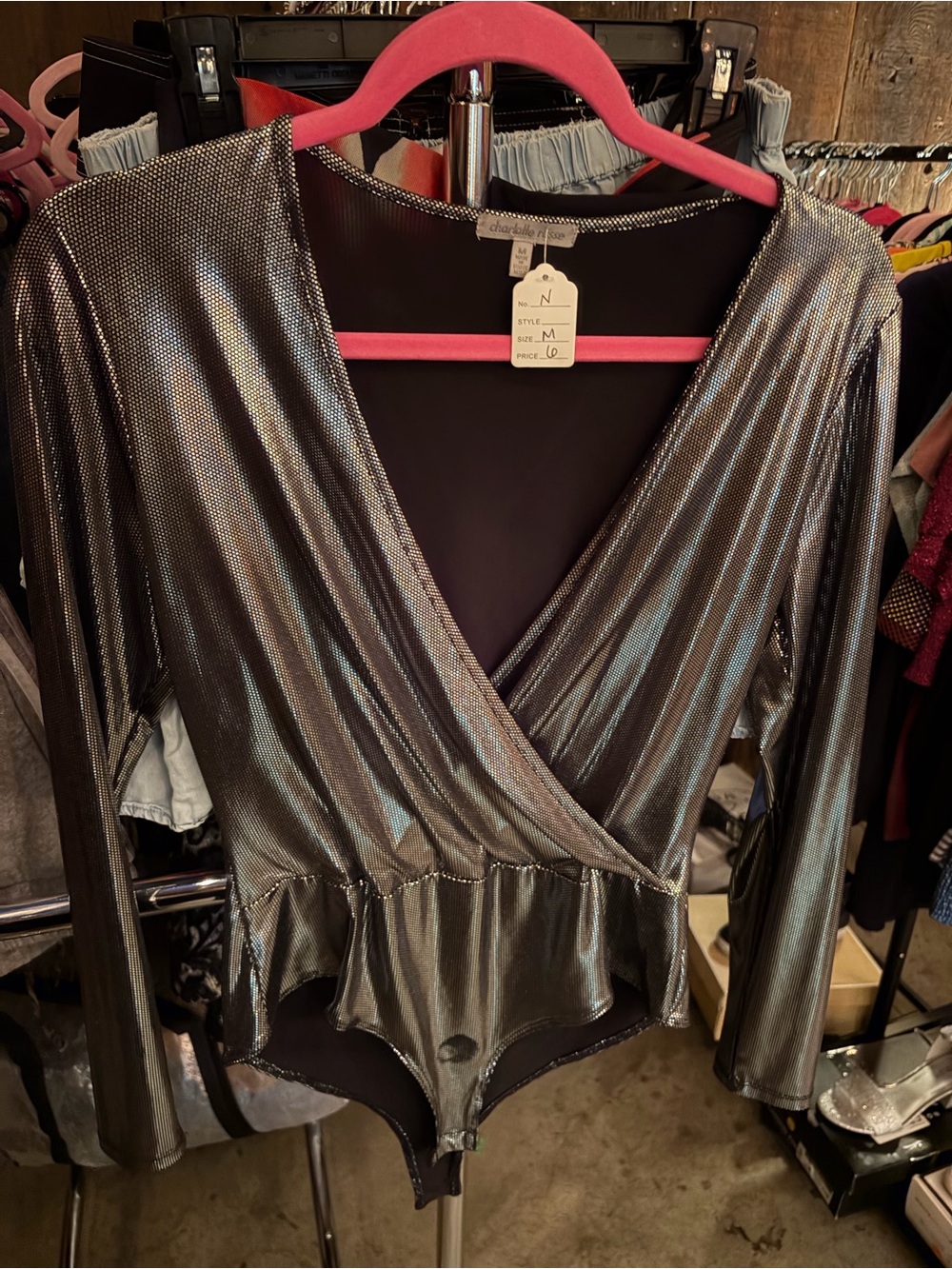 Charlotte Russe Metallic Silver Wrap Bodysuit
